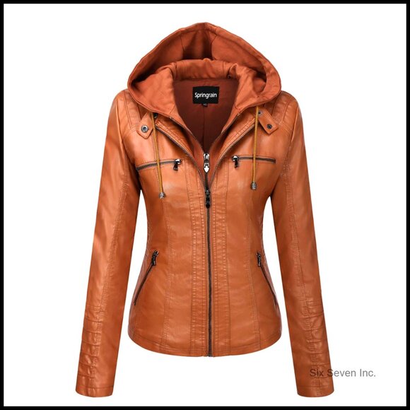 Faux Leather Moto Jacket with Detachable Hood Classic Chic Biker Style Windproof